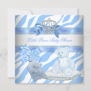 Baby Shower Boy Blue Zebra Prince Crown Teddy Bear Einladung