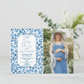 Baby Shower Boy Chintz Blue Foto Floral Ditsy Einladung (Stehend Vorderseite)