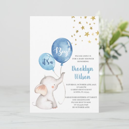 Baby Shower Boy Elephant Einladung (Stehend Vorderseite)
