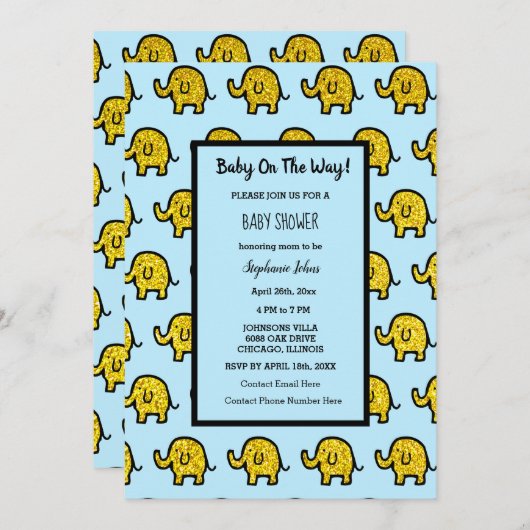 Baby Shower Boy Girl Elephant Animal Gold Glitzer Einladung (Vorne/Hinten)