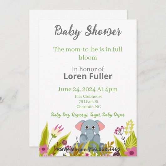 Baby Shower Boy Girl Elephant Grau Blume Einladung (Vorne/Hinten)