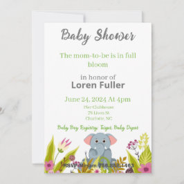 Baby Shower Boy Girl Elephant Grau Blume Einladung