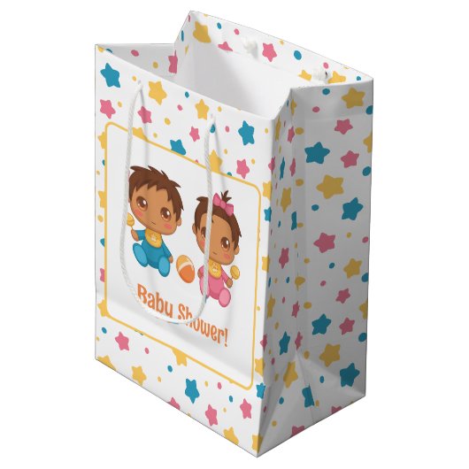 Baby Shower Boy Girl Twins Stars Dark Mittlere Geschenktüte (Vorderseite Schrägansicht)