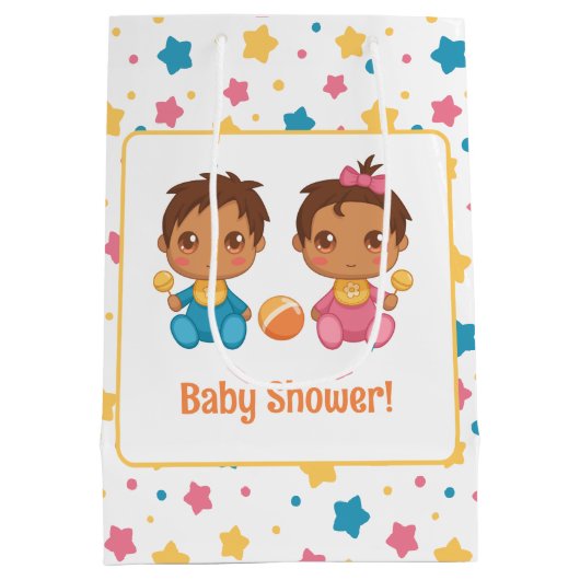 Baby Shower Boy Girl Twins Stars Dark Mittlere Geschenktüte (Rückseite)