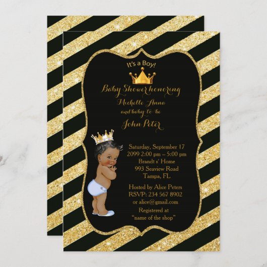 Baby Shower BOY, goldene Streifen, schwarzes Gold Einladung (Vorne/Hinten)
