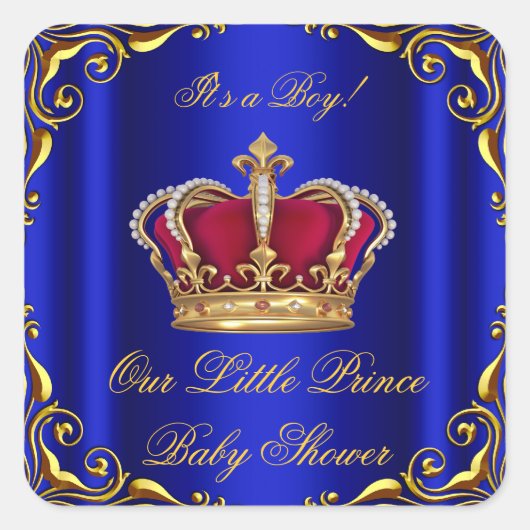 Baby Shower Boy Little Prince Royal Blue Red Gold Quadratischer Aufkleber (Vorderseite)