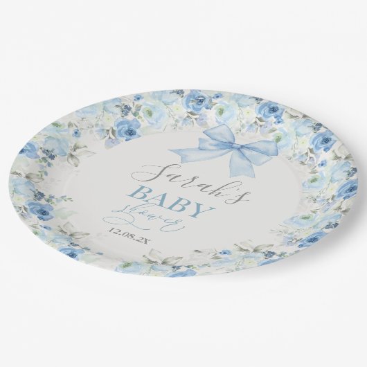 Baby Shower Boy mit Bogen Pappteller (Schrägansicht)