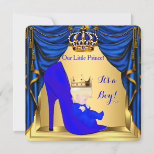Baby Shower Boy Prince Royal Blue Shoe Gold 4 Einladung