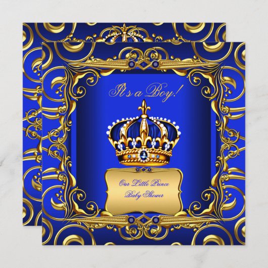 Baby Shower Boy Royal Blue Damask Gold Crown 2 Einladung (Vorne/Hinten)