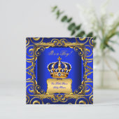 Baby Shower Boy Royal Blue Damask Gold Crown 2 Einladung (Stehend Vorderseite)