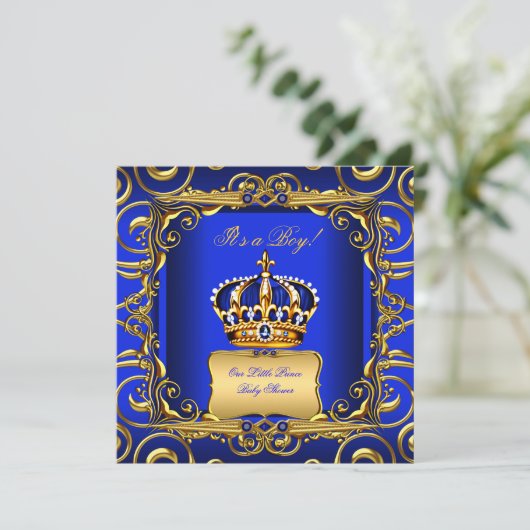 Baby Shower Boy Royal Blue Damask Gold Crown 2 Einladung (Stehend Vorderseite)