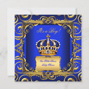 Baby Shower Boy Royal Blue Damask Gold Crown 2 Einladung