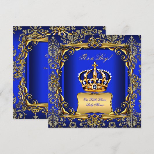 Baby Shower Boy Royal Blue Damask Gold Crown Einladung (Vorne/Hinten)