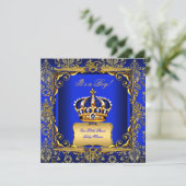 Baby Shower Boy Royal Blue Damask Gold Crown Einladung (Stehend Vorderseite)