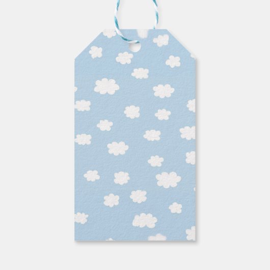 Baby Shower Boy Stork mit Blue Sky und Wolken Geschenkanhänger (Rückseite)