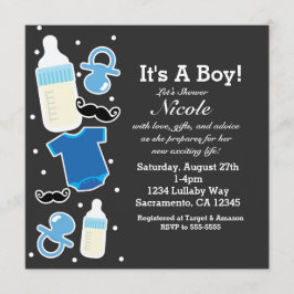 Baby Shower Boy Things Blue & Gray Modern Einladung