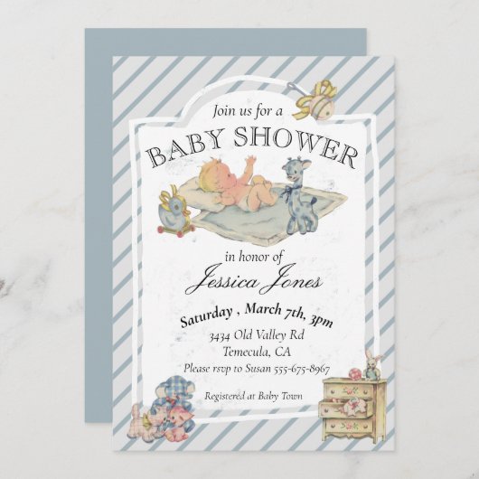 Baby Shower Boy Vintag gestopfte Tiere Einladung (Vorne/Hinten)