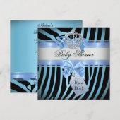 Baby Shower Boy Zebra Blue Prince Crown Black Einladung (Vorne/Hinten)