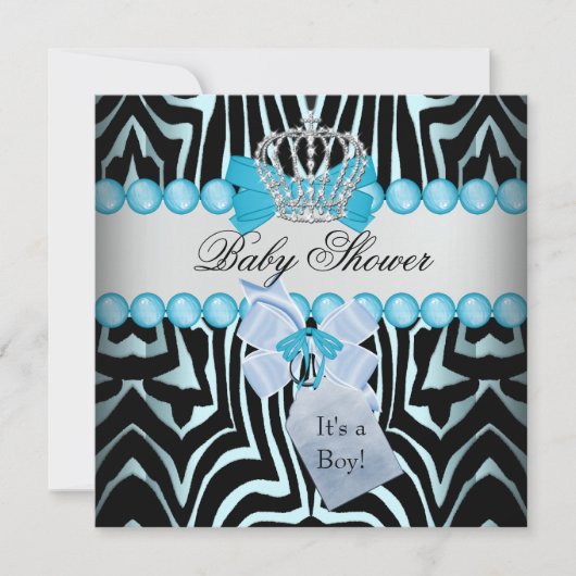Baby Shower Boy Zebra Blue Prince Crown Black Einladung (Vorderseite)