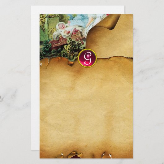 BABY SHOWER Brown Parchment Ruby Monogram Briefpapier (Vorne/Hinten)