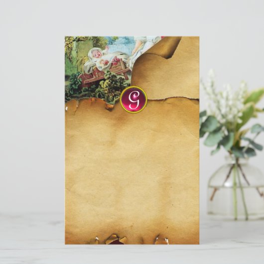 BABY SHOWER Brown Parchment Ruby Monogram Briefpapier (Stehend Vorderseite)
