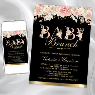 Baby-Shower-Brunch Pink Schwarz Gold Floral Mädche Einladung