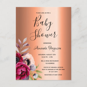 Baby Shower burgundy Blütenkupfer Einladung Postkarte