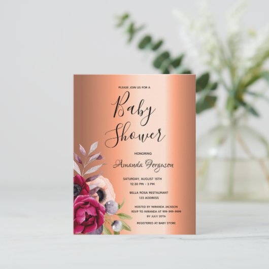 Baby Shower burgundy Blütenkupfer Einladung Postkarte (Stehend Vorderseite)