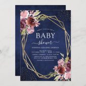 Baby Shower Burgundy Navy Blue Geometric Floral Einladung (Vorne/Hinten)