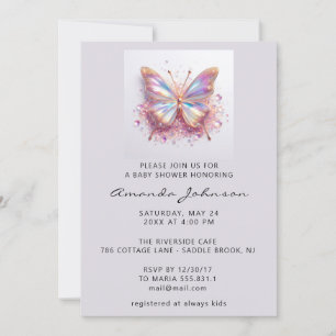 Baby Shower Butterfly Girl Rose Holographic Einladung