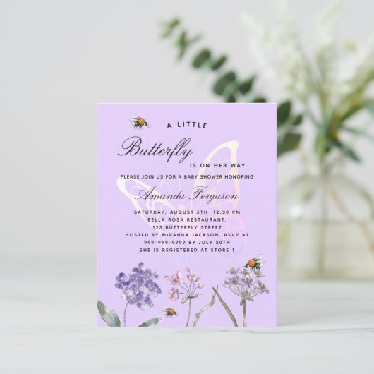 Baby Shower butterfly violet budget invitation (Stehend Vorderseite)