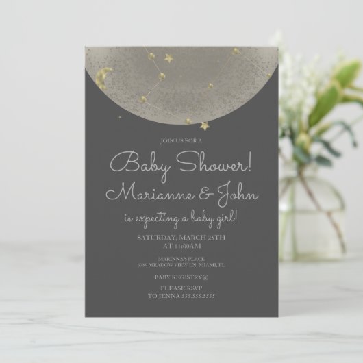 Baby Shower Celestial Moon Stars Imitate Gold Einladung (Stehend Vorderseite)