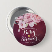Baby Shower Chic Boho Floral Feathers Burgundy Red Button (Vorne & Hinten)