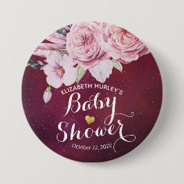 Baby Shower Chic Boho Floral Feathers Burgundy Red Button