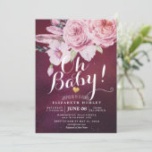 Baby Shower Chic Boho Floral Feathers Burgundy Red Einladung (Stehend Vorderseite)