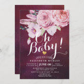 Baby Shower Chic Boho Floral Feathers Burgundy Red Einladung (Vorne/Hinten)