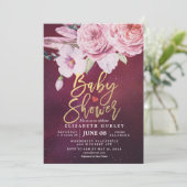 Baby Shower Chic Boho Floral Feathers Burgundy Red Einladung (Stehend Vorderseite)