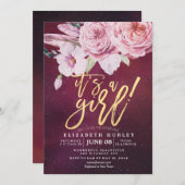 Baby Shower Chic Boho Floral Feathers Burgundy Red Einladung (Vorne/Hinten)