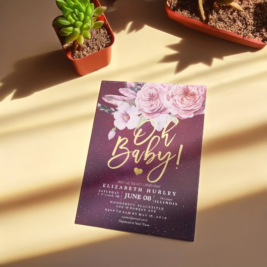 Baby Shower Chic Boho Floral Feathers Burgundy Red Einladung