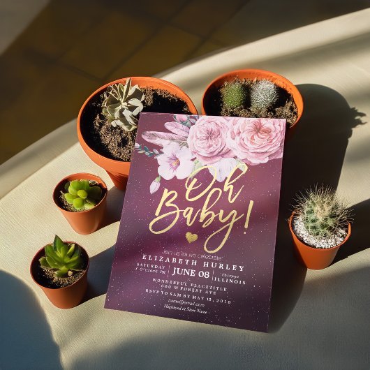 Baby Shower Chic Boho Floral Feathers Burgundy Red Einladung