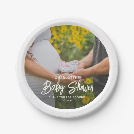 Baby Shower Chic Moderne Skripttypografie & Foto Pappteller (Vorderseite)