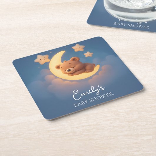 Baby Shower Coaster – Teddy Bear on the Moon Rechteckiger Pappuntersetzer (angewinkelt)