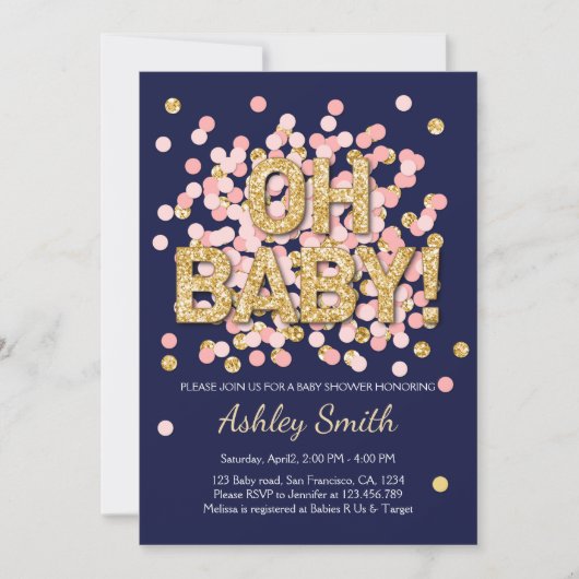Baby Shower Confetti Pink Gold Navy Einladung (Vorderseite)