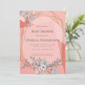 BABY SHOWER Coral Floral Geometric Goldrahmen Einladung (Stehend Vorderseite)