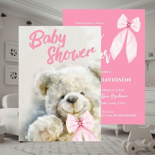 Baby Shower Cute Bear Pink Ribbon  Einladung