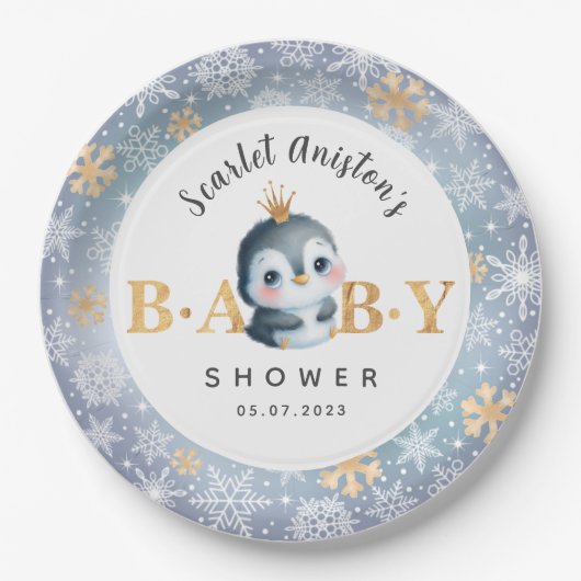Baby Shower Cute Penguin with Crown Paper Plates Pappteller (Vorderseite)