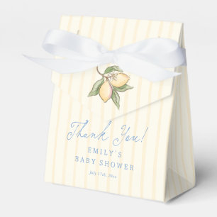 Baby-Shower-Dankeschön in Zitronengelb mit Streife Geschenkschachtel