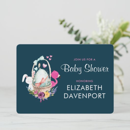 Baby Shower Ei Nesting w/Flamingo & Bunny Einladung (Stehend Vorderseite)