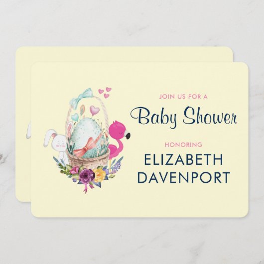 Baby Shower Ei Nesting w/Flamingo & Bunny Einladung (Vorne/Hinten)