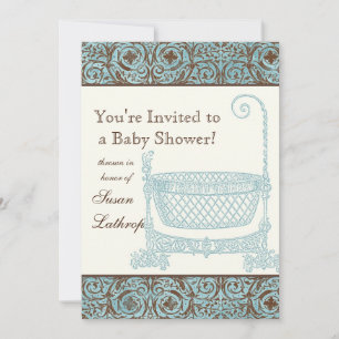 Baby Shower Einladung - Blau Braun Damast Wiege